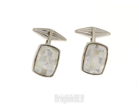Gemelli in oro bianco ed agata bianca