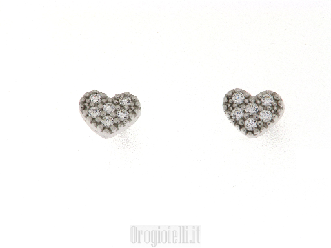 Orecchini a cuore per bambina in oro bianco e zirconi